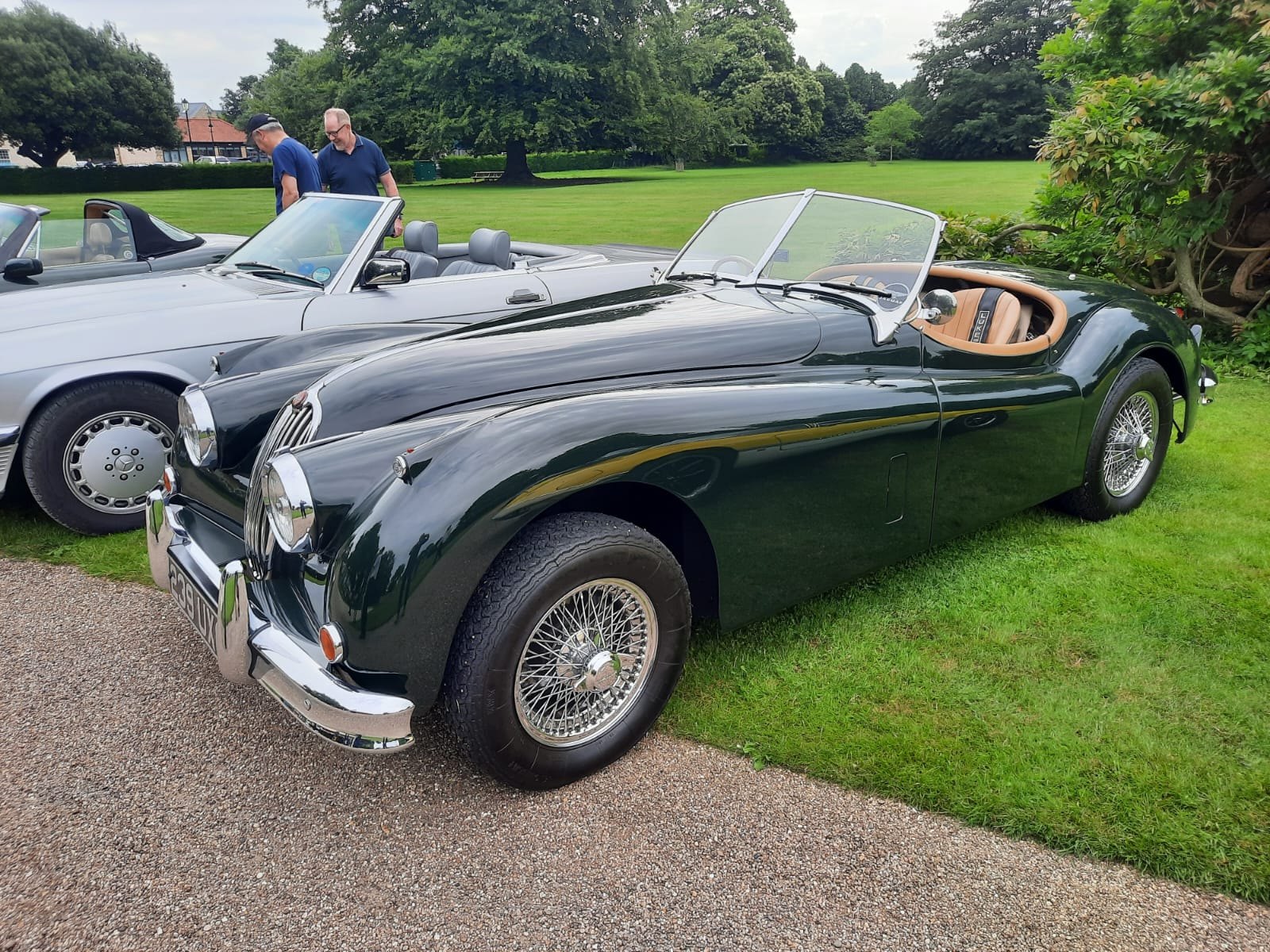 A classic Jaguar XK120 Roadster in British Racing Green parked on grass.