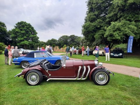 A burgundy Morgan 3-Wheeler roadster parked in a grassy area with onlookers.