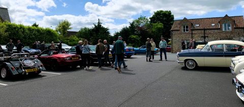 Ford Consul Saloon in blue and cream at a car event.